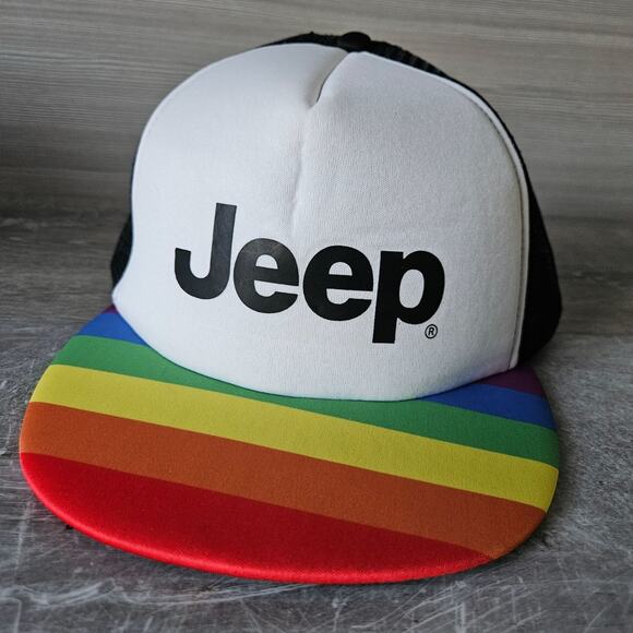 Jeep Logo Rainbow Brim Trucker Mesh Foam Hat Cap Black Snapback Colorful Pride - Picture 1 of 14